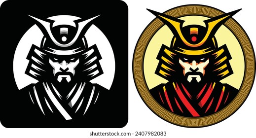 Illustration of a Japanese samurai warrior with two variations of black and gold background colors can be used for a company logo or as a background