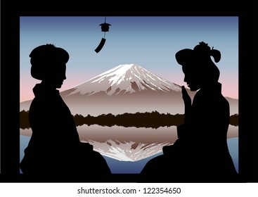 Illustration of Japanese scene with Japanese women and Mt. Fuji Background, Vector