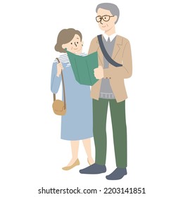 It Is An Illustration Of A Japanese Senior Couple Who Goes Around Sightseeing Spots While Looking At The Pamphlet.