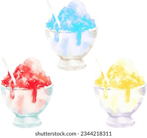 Illustration of Japanese shaved ice, set of 3 colors: red, blue and yellow