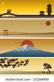 Illustration of Japanese silhouette landscape, vector