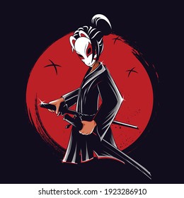 illustration of a japanese style samurai woman for a shirt