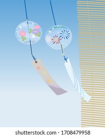 Illustration Of Japanese Summer. Wind Bell And Bamboo Screen.