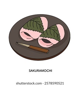 Illustration of Japanese sweets_Sakuramochi (Kanto style)