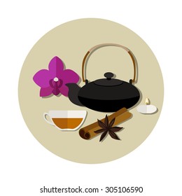 Illustration of japanese tea pot and orchid behind it and also cup of tea, candle and species on pale circle.