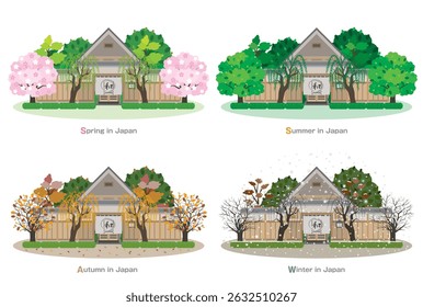 Illustration of a Japanese townscape. The Four Seasons of Japan.
