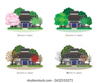 Illustration of a Japanese townscape. The Four Seasons of Japan.