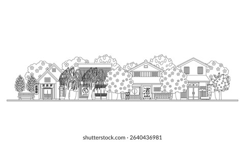 Illustration of a Japanese townscape. Spring in Japan. coloring picture.