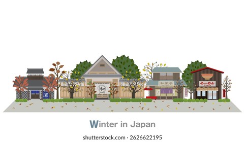 Illustration of a Japanese townscape. Winter in Japan.