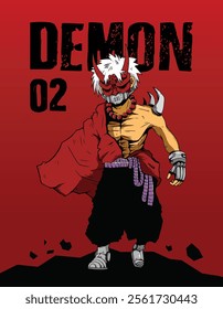 Illustration of a japanese warrior wearing oni demon mask with some machine stuff in anime style