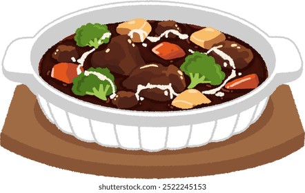 Ilustração da comida japonesa ocidental. Beef stew é um guisado de carne e legumes com base em vinho tinto e tomate.