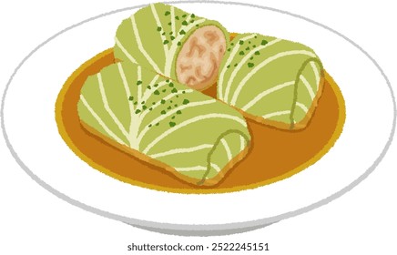 Illustration of Japanese Western food. Cabbage rolls are a dish made by simmering a mixture of ground meat and vegetables, wrapped in blanched cabbage leaves, and then boiled.