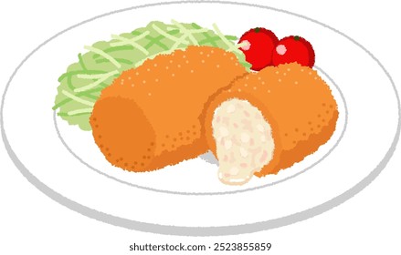 Ilustración de comida occidental japonesa. Las croquetas de crema de cangrejo son perfectas para el entretenimiento, con una combinación especial de masa cremosa y cangrejo.