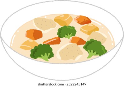 Illustration japanischer westlicher Speisen. Creme Eintopf ist ein Gericht aus köchelndem Fleisch, Kartoffeln, Karotten und anderen Gemüsesorten hergestellt und mit weißer Soße.