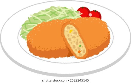 Illustration of Japanese Western food. Croquette is a dish made by mashed potatoes, adding fried onions and minced meat, shaping them, coating them, and deep-frying them.