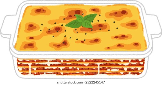 Illustration of Japanese Western food. Lasagna is a square sheet of pasta layered in a mille-feuille shape with meat sauce, béchamel sauce, and cheese.