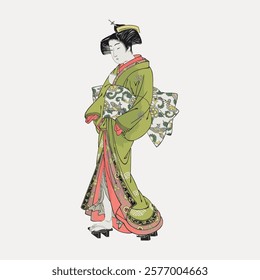 Illustration of a Japanese woman in a kimono. Traditional kimono, Japanese culture, and elegant design. The kimono features intricate patterns and vibrant colors. Vintage illustration isolated, vector