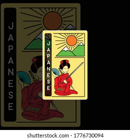 illustration of a Japanese woman wearing a distinctive dress and carrying a sword ,green mountain
