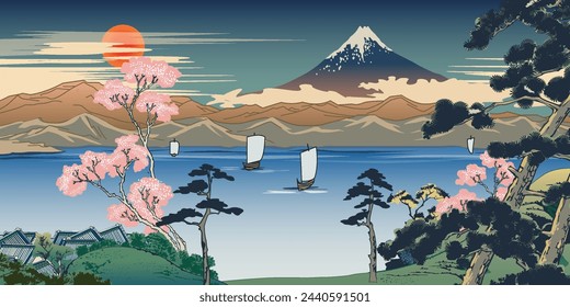 Illustration in Japanese Yamato-e style, view of Mount Fuji.