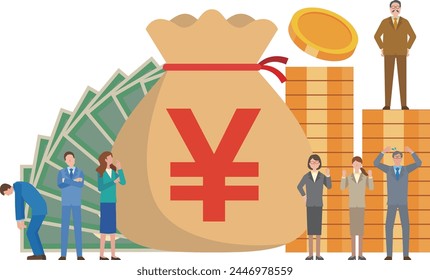 Illustration of Japanese yen and financial assets and people