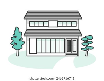 Illustration of a Japanese-style or Japanese-modern two-story house