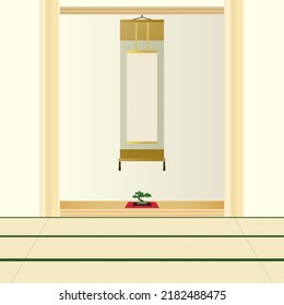 Illustration of a Japanese-style room with an alcove. There are pine bonsai and hanging scrolls between the alcove. Vector illustration.