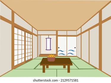 Illustration of a Japanese-style room with tatami mats and shoji screens