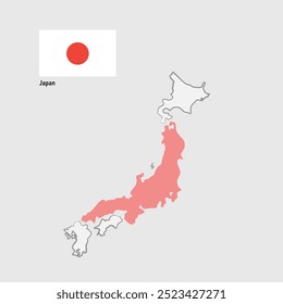 Ilustração da bandeira do Japão, apresentando um círculo vermelho simbolizando o sol, sobreposto ao mapa do país, destacando a geografia da ilha em branco contra o pano de fundo da bandeira icônica.