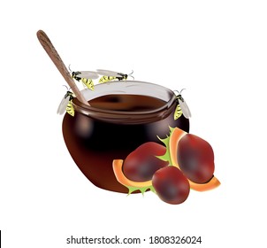 
illustration of a jar of chestnut honey, a wooden spoon, wasps are sitting on the jar, near the fruits of chestnuts