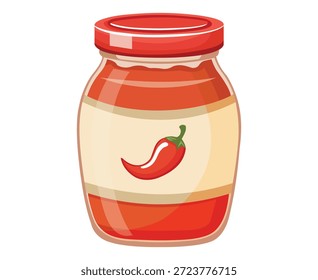 Ilustração de um frasco cheio de molho de pimenta vermelha brilhante e pimenta chili.