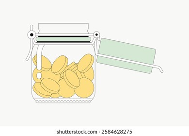 Illustration of a jar filled with yellow coins. The jar is open with a green label attached. Coins in a jar, open jar, yellow coins, green label. Vector isolated on white.