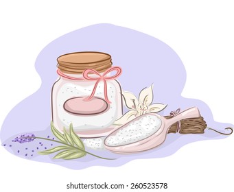 Illustration of a Jar of Homemade Bath Salt and Ingredients for Essential Oils