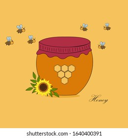 Illustration with a jar of honey close - up with a lid, bees and sunflowers, yellow background, isolate