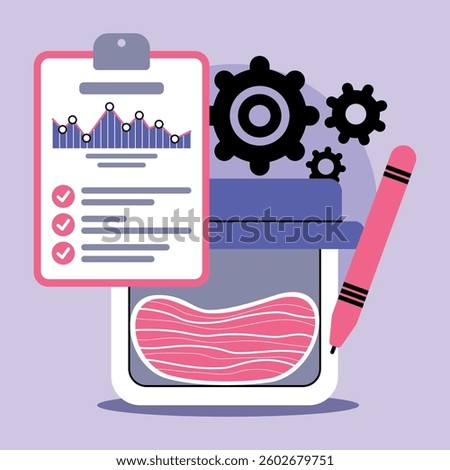 Illustration of jar of meat with clipboard containing quality report. Gears and pen indicating processing and assessment of meat product
