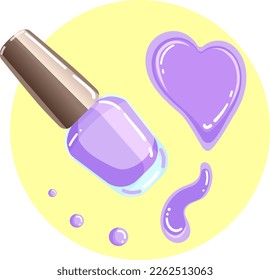 Illustration of a jar of violet nail polish with splash and drops in delicate shades