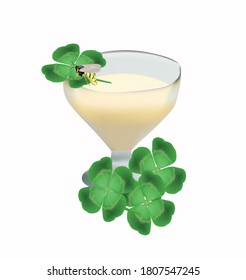 
illustration of a jar of white honey from a clover, next to the leaves of a four-leaf clover, a bee sits on a leaf