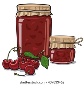 illustration of jars of canned goods with cherry jam and fresh cherries