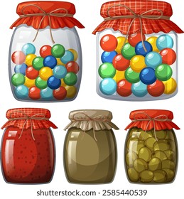 Illustration of jars filled with candies and preserves