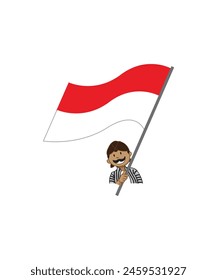 Illustration Javanese Indonesia male cartoon character hold Indonesia flag
