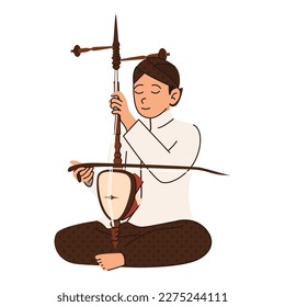 illustration of a Javanese man playing the traditional musical instrument fiddle, flat illustration of an Indonesian man playing a Javanese gamelan