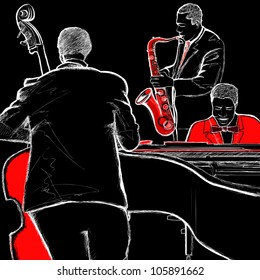 ilustración de una banda de jazz con piano de doble bajo y saxofón