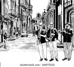 Illustration of a jazz band in a street of Cuba with saxophone and trumpet