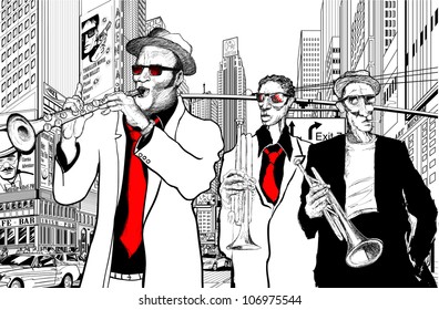 Illustration of a jazz band in a street of new-York with trumpet