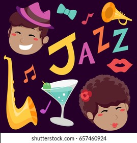 Ilustración de elementos de Jazz como el saxofón, Trumpet, bebidas de cócteles y notas musicales