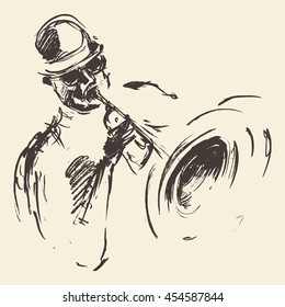 Ilustración del afiche de jazz. Hombre tocando la trompeta. Dibujo pintado a mano.