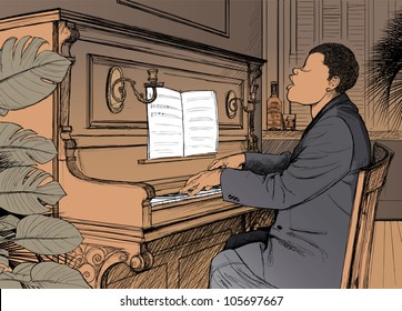 Illustration of a jazz ragtime pianist