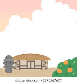 An illustration of Jeju Island with Dolharuban and a thatched-roof house in the background.