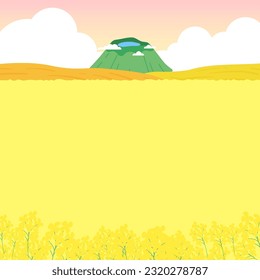 Illustration of Jeju Island's scenery with rapeseed fields and Hallasan Mountain.