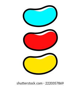 Illustration of jelly bean candy in three colors. Sparkling sweet food on white background. Great for logo packaging