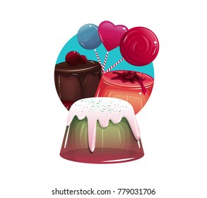 Illustration with jelly, cake and lollypops. Vector